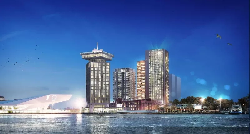 A modern cityscape with a harbor view featuring the Maritim Hotel Amsterdam and surrounding architecture.