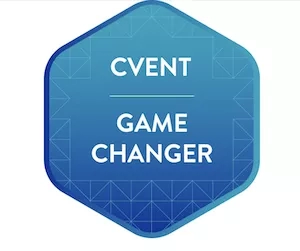 A hexagon-shaped image with the text "Cvent Game Changer" written in white font on a blue background.