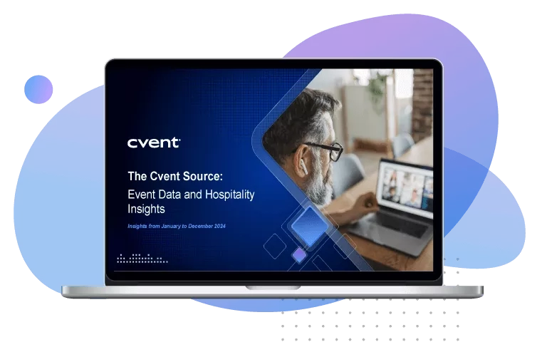 Laptop with the Cvent report about event data and hospitality insights on the screen.