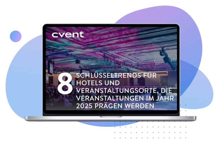 Laptop with screen displaying key trends for hotels and event venues in 2025, with vibrant event imagery.