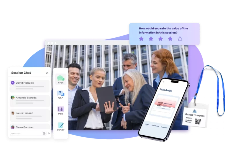 A group of professionals engaged in a session, with a mobile device displaying a badge scanning interface and session chat details.