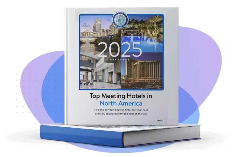 Cover of "Top Meeting Hotels in North America 2025" featuring images of modern hotels and a swimming pool, with a blue theme.