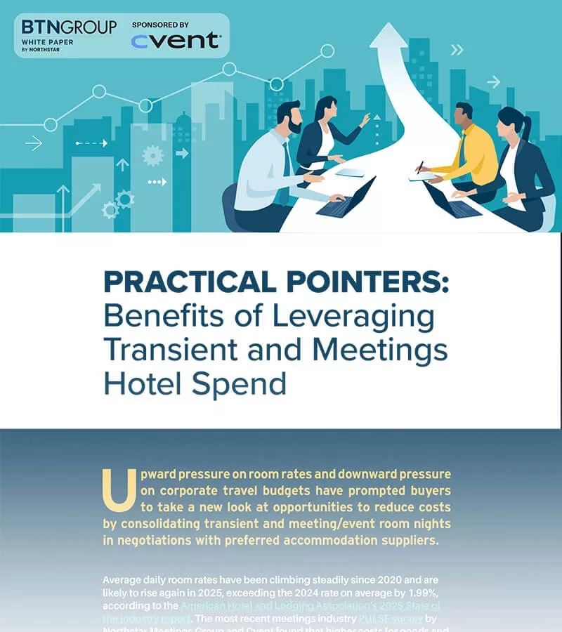 Infographic titled "Practical Pointers" discussing strategies for optimizing transient and meetings hotel spending to reduce costs.