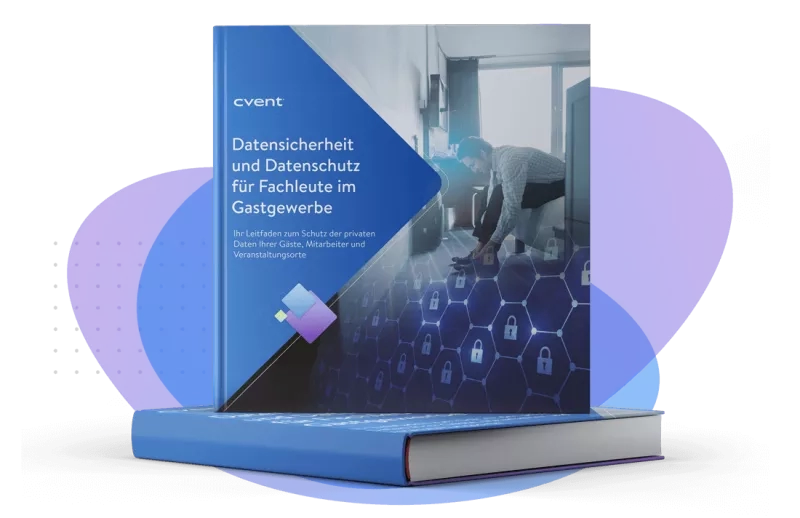 A book titled "Datensicherheit und Datenschutz für Fachleute im Gastgewerbe," focusing on data protection in hospitality, sits against a colorful background.