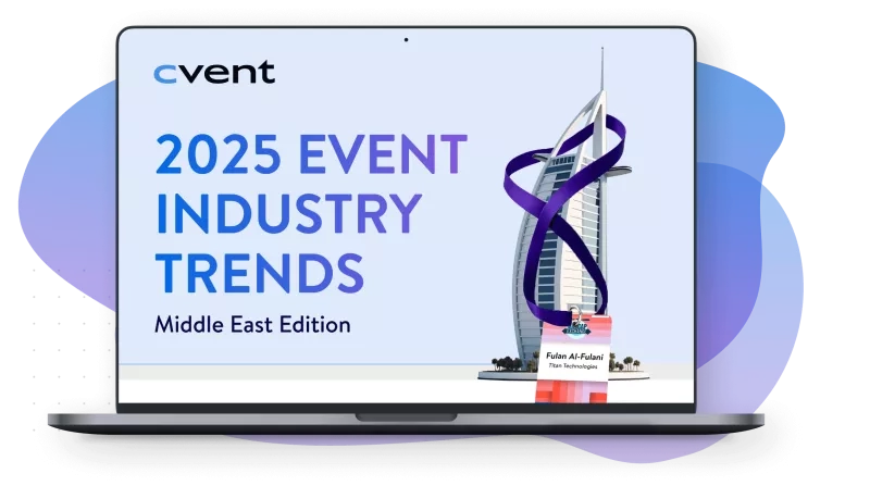 A laptop displays the Cvent report titled "2025 Event Industry Trends: Middle East Edition," featuring a modern building and a name badge.