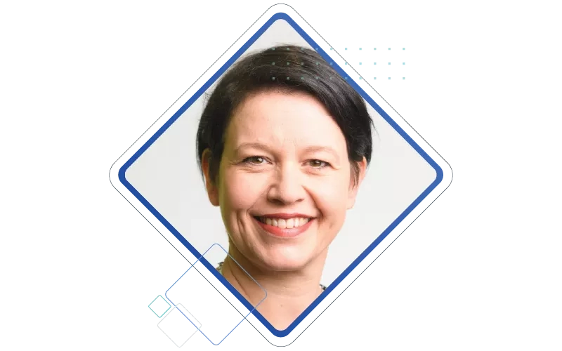 A woman's headshot is placed in decorative element illustration