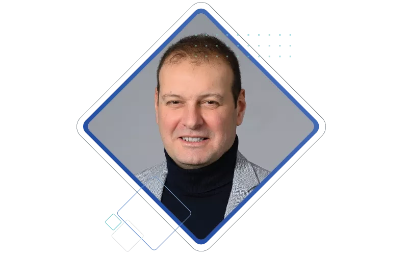 A man's headshot is placed in decorative element illustration