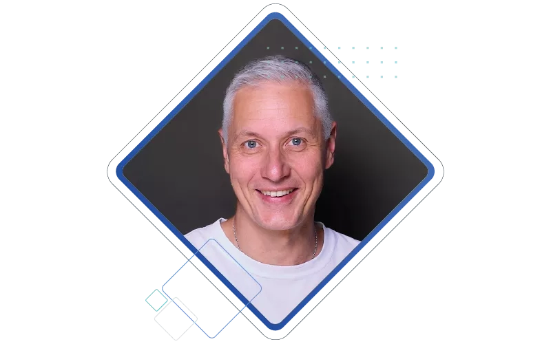 A man's headshot is placed in decorative element illustration