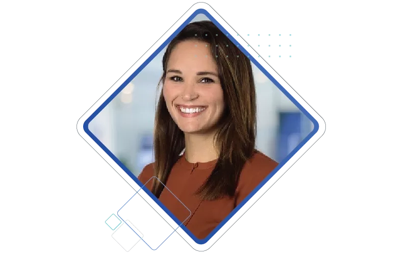 A woman's headshot is placed in decorative element illustration