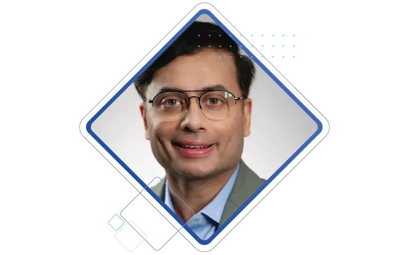 A man's headshot is placed in decorative element illustration