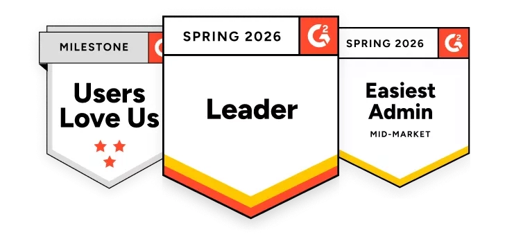 Three G2 awards for Users Love Us, Fall 2026 grid leader, and Easiest admin, all for Spring 2026.