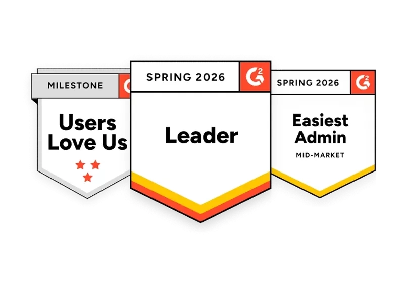 Three G2 awards for Users Love Us, Fall 2026 grid leader, and Easiest admin, all for Spring 2026.