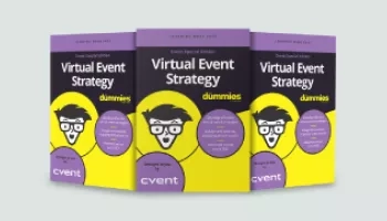 Three virtual event strategy booklets with a cartoon face on the front, purple and yellow in color.
