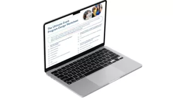 Laptop displaying "The Ultimate Event Program Design Worksheet" on screen.