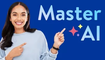 A person in casual attire points towards the text "Master AI"