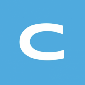 The letter C is displayed in white font on a blue background, resembling a logo.