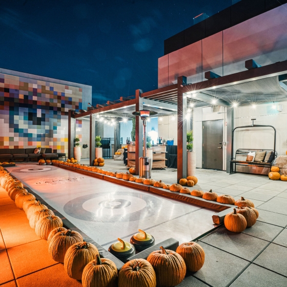 outdoor pool surrounded by pumpkins