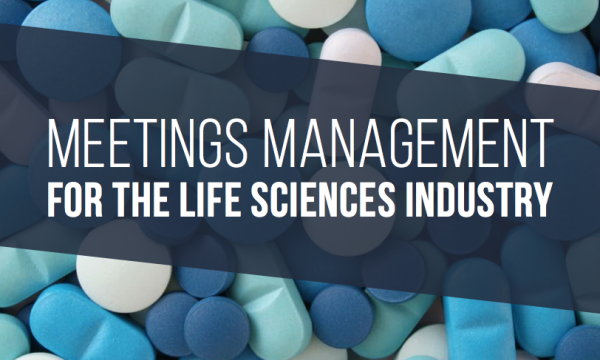An image of different types of pills with the text "Meetings Management for the Life Sciences Industry"
