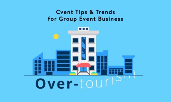 A blue background features an illustration of an architecture, text, and a sun, with Over-tourism written below.