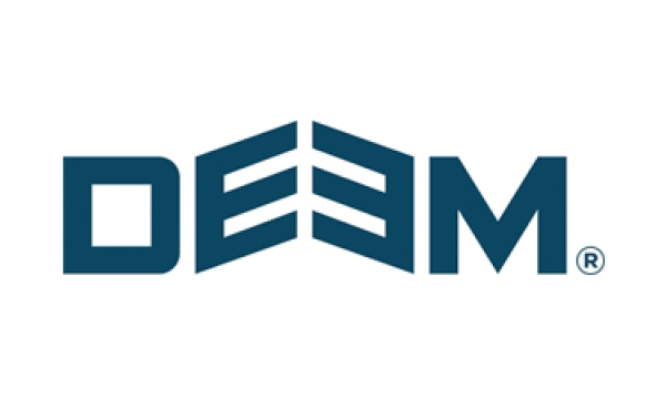 Deem logo with blue letters on a white background.