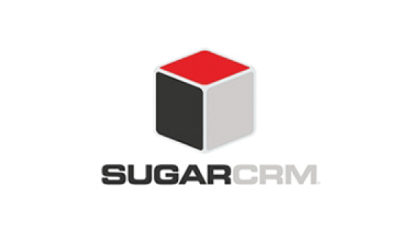 The SugarCRM logo features a red, white, and black cube on a white background with text.