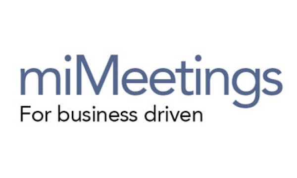 Logo for miMeetings with the tagline "For business driven" written in blue and white colors.