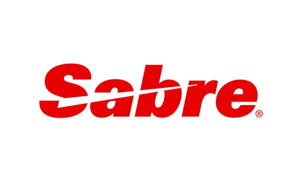 Sabre logo in red on a white background with a swoosh going through the letters a and b.