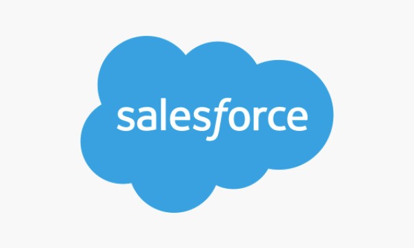 Salesforce blue cloud icon on a white background with the word Salesforce written in white font.
