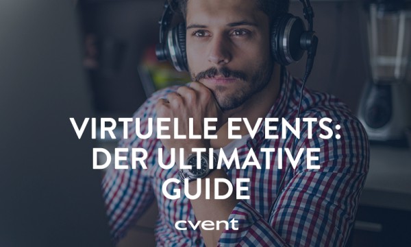 Man with headphones and microphone in front of a laptop, text: Virtuelle Events: Der ultimative Guide