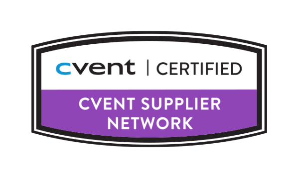Cvent Certified Supplier Network logo in purple, black, and white with a black border around it.