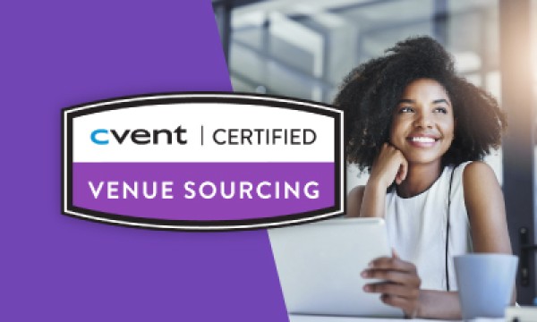 A smiling woman holding a tablet with the Cvent Certified Venue Sourcing logo on a purple background.