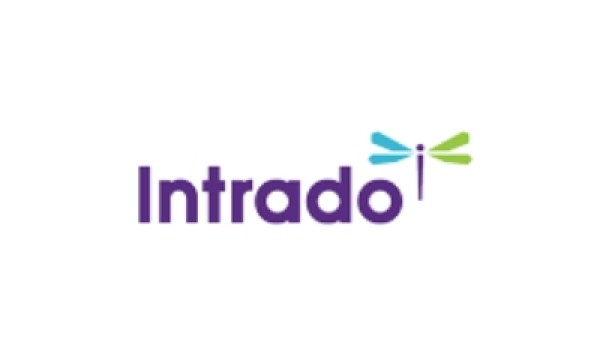 Purple logo for Intrado with a dragonfly in the top right corner on a white background.