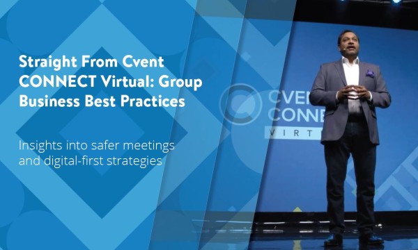 A man standing on stage in front of a large screen with the Cvent logo and blue background.