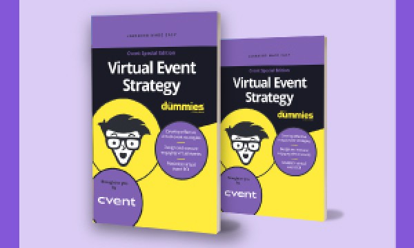 Two virtual event strategy dummies books on a purple background with the word event written on the bottom.