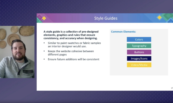A slide with the text "Style Guides" and a picture of a man on the left.
