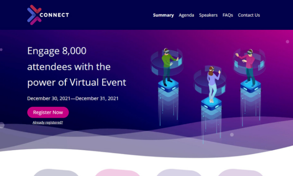 A banner of a virtual event showing people standing on top of three blue cubes.