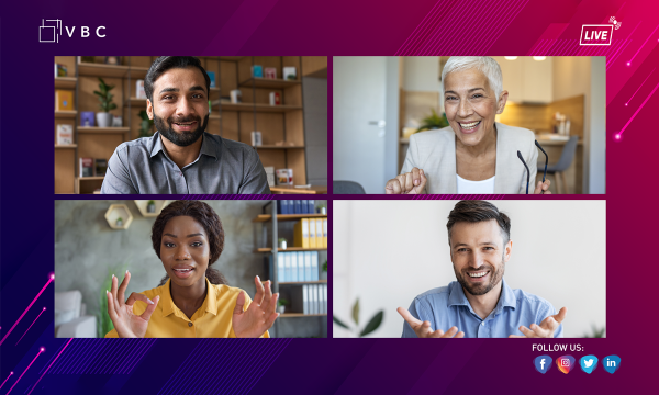 Collage of four smiling people, text reading "VBC" and "Live" and social media icons.
