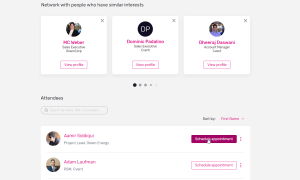 Attendees section of the Virtual Events Solution product card with two examples of attendees and their roles