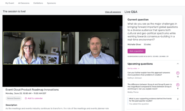 An image of a virtual event solution with a live Q&A section on the right side of the image.