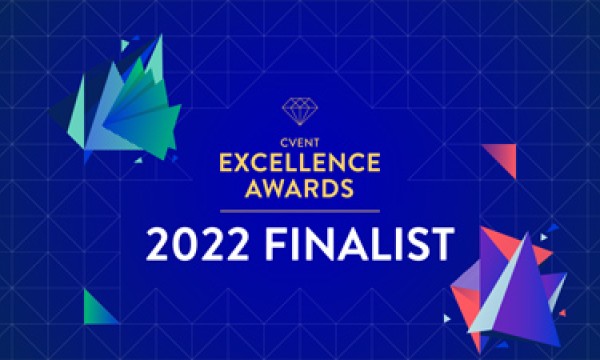 A blue background with a diamond and text reading "Cvent Excellence Awards 2022 Finalist."