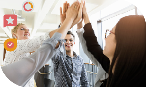 Four people high-fiving each other in an office with icons of star, check mark, and speech bubble.
