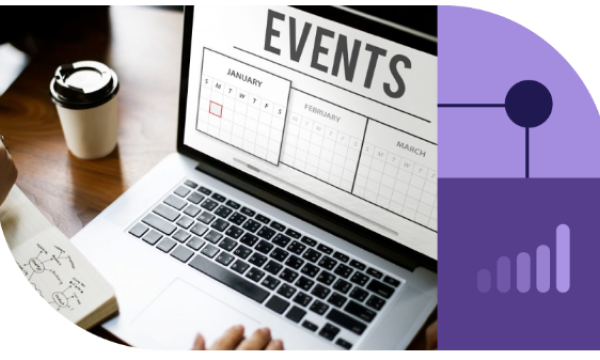 Laptop displaying an events calendar, a cup of coffee, and a purple graph with a line.