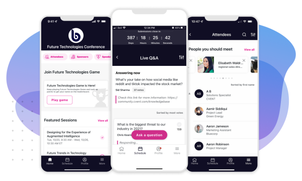 Mobile event app screens showing sessions, live Q&A, and attendees