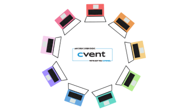 A circle of laptops with the Cvent logo in the center.