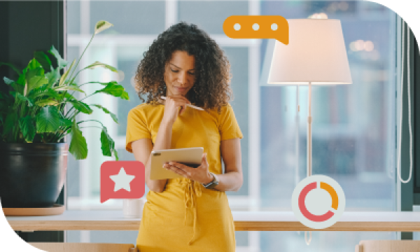 Woman looking at a tablet, icons for a chat, a star, and a graph are around her.