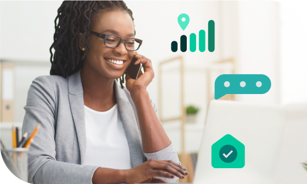 A woman with glasses is smiling and holding a phone, while icons are shown in the corner.