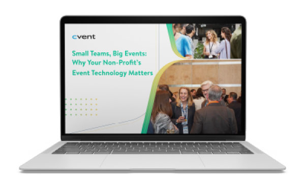 Laptop with a screen showing an image of people and text: Small Teams, Big Events.