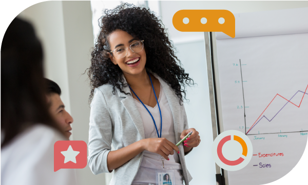 A woman is giving a presentation with a graph on the whiteboard and other icons around her.