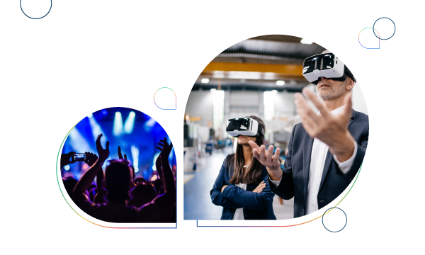 Collage of people at a concert and a man and woman using VR goggles.