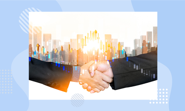 Two people in business attire shaking hands with a city skyline in the background and financial graphs overlaying the image.